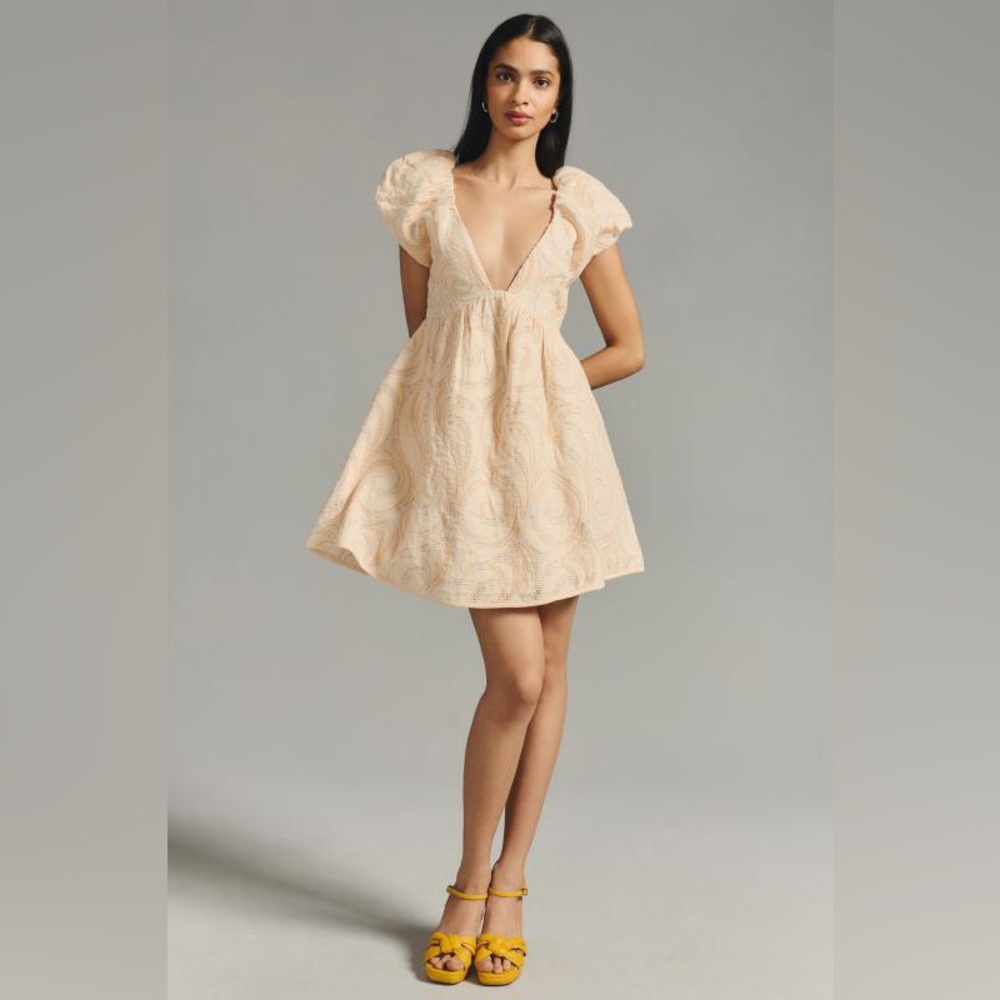Anthropologie Deep-V Puff-Sleeve Dress in Peach NEW - Picture 1 of 13
